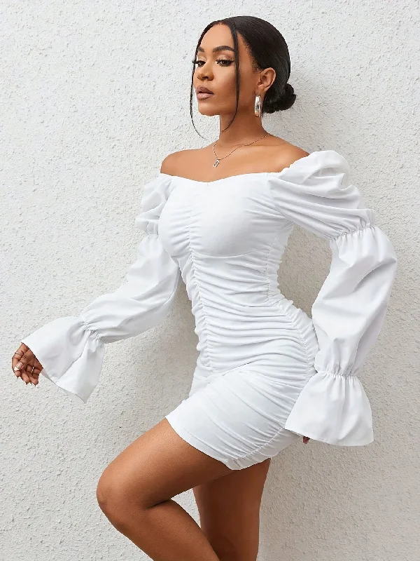 Early Access Sixsr Solid Crew Neck Ruched Dress, Elegant Puff Sleeve Bodycon Dress, Women's Clothing Early Access Sixsr Solid Crew Neck Ruched Dress, Elegant Puff Sleeve Bodycon Dress, Women's Clothing