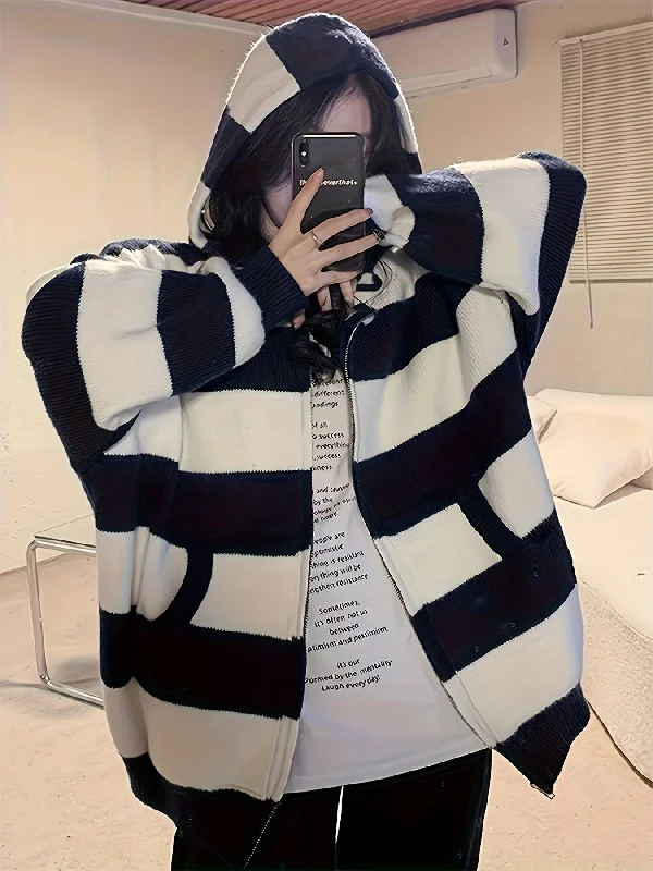 Weekend Specials to Delight Sixsr Striped Zip Up Knit Cardigan, Vintage Long Sleeve Loose Hooded Sweater, Women's Clothing Weekend Specials to Delight Sixsr Striped Zip Up Knit Cardigan, Vintage Long Sleeve Loose Hooded Sweater, Women's Clothing