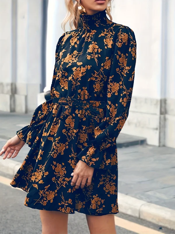 Weekend Offers That Shine Sixsr Floral Print Lantern Sleeve Dress, Casual Shirred Mock Neck Tie-waist Dress, Women's Clothing Weekend Offers That Shine Sixsr Floral Print Lantern Sleeve Dress, Casual Shirred Mock Neck Tie-waist Dress, Women's Clothing