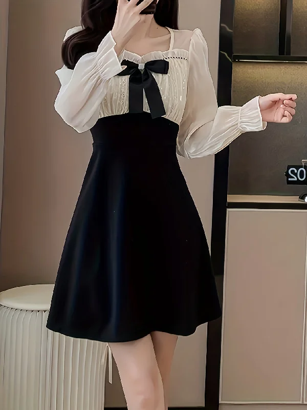 Weekend Deals That Dazzle Sixsr Color Block Bow Tie Dress, Elegant Ruffle Trim Long Sleeve Dress, Women's Clothing Weekend Deals That Dazzle Sixsr Color Block Bow Tie Dress, Elegant Ruffle Trim Long Sleeve Dress, Women's Clothing