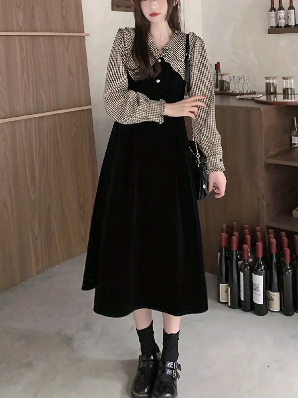 Weekend Specials to Grab Sixsr Plaid Print Splicing Dress, Elegant V Neck Long Sleeve Midi Dress, Women's Clothing Weekend Specials to Grab Sixsr Plaid Print Splicing Dress, Elegant V Neck Long Sleeve Midi Dress, Women's Clothing