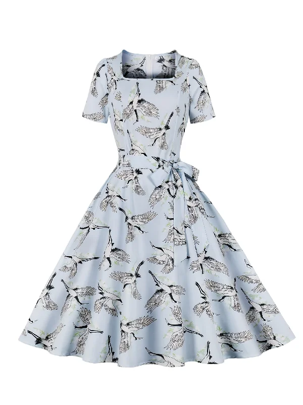 Weekend Discounts to Celebrate Sixsr Crane Print Tie Front Dress, Elegant Vintage Square Neck Short Sleeve Dress, Women's Clothing Weekend Discounts to Celebrate Sixsr Crane Print Tie Front Dress, Elegant Vintage Square Neck Short Sleeve Dress, Women's Clothing