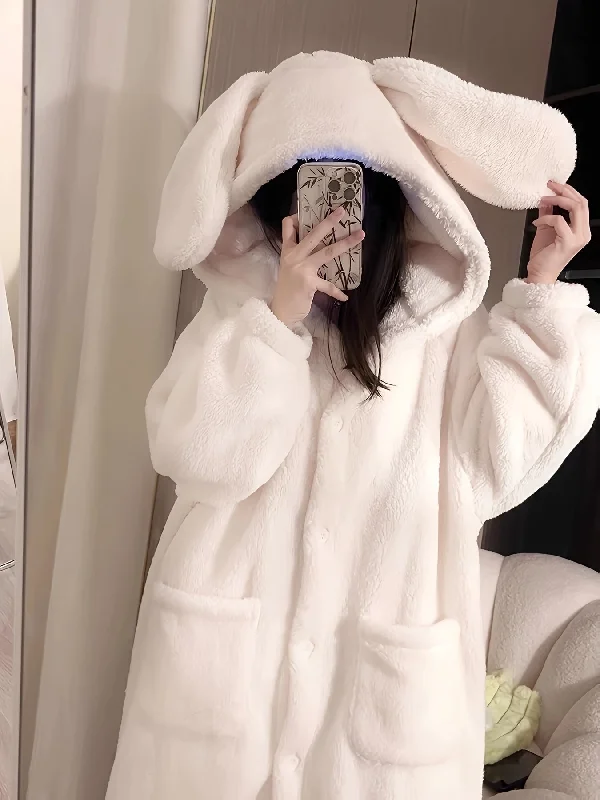 Online Exclusive Sixsr Cute Rabbit Hooded Fleece Night Robe, Thickened Long Sleeve Button Up Robe With Pockets, Women's Sleepwear & Dresses Online Exclusive Sixsr Cute Rabbit Hooded Fleece Night Robe, Thickened Long Sleeve Button Up Robe With Pockets, Women's Sleepwear & Dresses