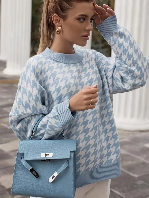 Act Now Sixsr Houndstooth Print Knitted Sweater, Casual Long Sleeve Loose Sweater For Fall & Winter, Women's Clothing Act Now Sixsr Houndstooth Print Knitted Sweater, Casual Long Sleeve Loose Sweater For Fall & Winter, Women's Clothing