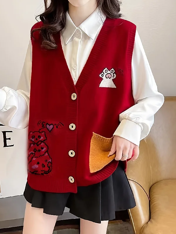 Now Available Sixsr Cartoon Pattern Button Front Sweater Veat, Elegant Sleeveless Vest, Women's Clothing Now Available Sixsr Cartoon Pattern Button Front Sweater Veat, Elegant Sleeveless Vest, Women's Clothing