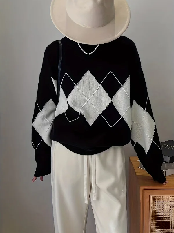 Weekend Bargains to Sizzle Sixsr Argyle Print Knit Sweater, Casual Crew Neck Long Sleeve Sweater, Women's Clothing Weekend Bargains to Sizzle Sixsr Argyle Print Knit Sweater, Casual Crew Neck Long Sleeve Sweater, Women's Clothing
