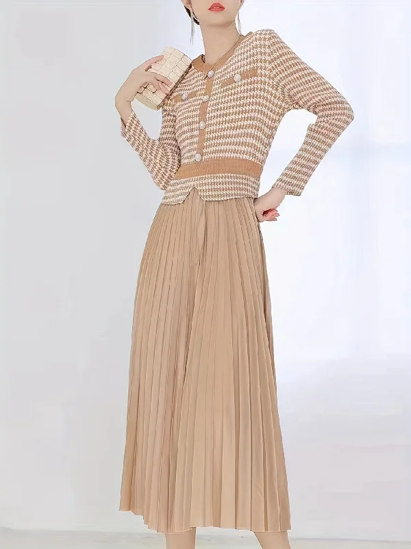 Unwind with Weekend Discounts Sixsr Houndstooth Print Pleated Dress, Elegant Crew Neck Short Sleeve Dress, Women's Clothing Unwind with Weekend Discounts Sixsr Houndstooth Print Pleated Dress, Elegant Crew Neck Short Sleeve Dress, Women's Clothing
