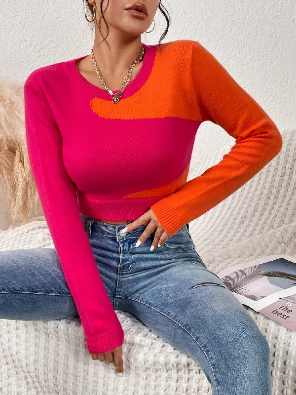 Weekend Deals That Dazzle Sixsr Color Block Cropped Knit Sweater, Sexy Crew Neck Slim Long Sleeve Sweater, Women's Clothing Weekend Deals That Dazzle Sixsr Color Block Cropped Knit Sweater, Sexy Crew Neck Slim Long Sleeve Sweater, Women's Clothing