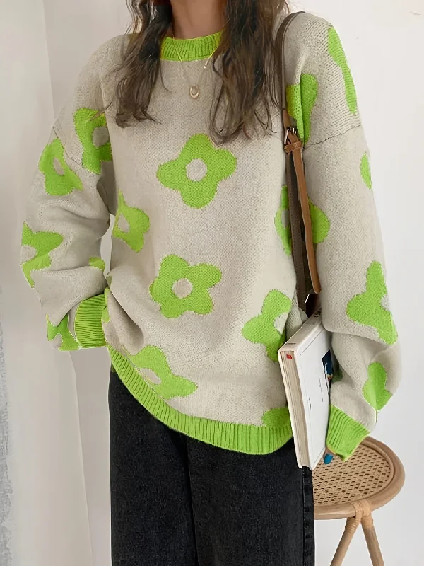 Buy Today Sixsr Floral Pattern Crew Neck Pullover Sweater, Casual Long Sleeve Drop Shoulder Sweater, Women's Clothing Buy Today Sixsr Floral Pattern Crew Neck Pullover Sweater, Casual Long Sleeve Drop Shoulder Sweater, Women's Clothing