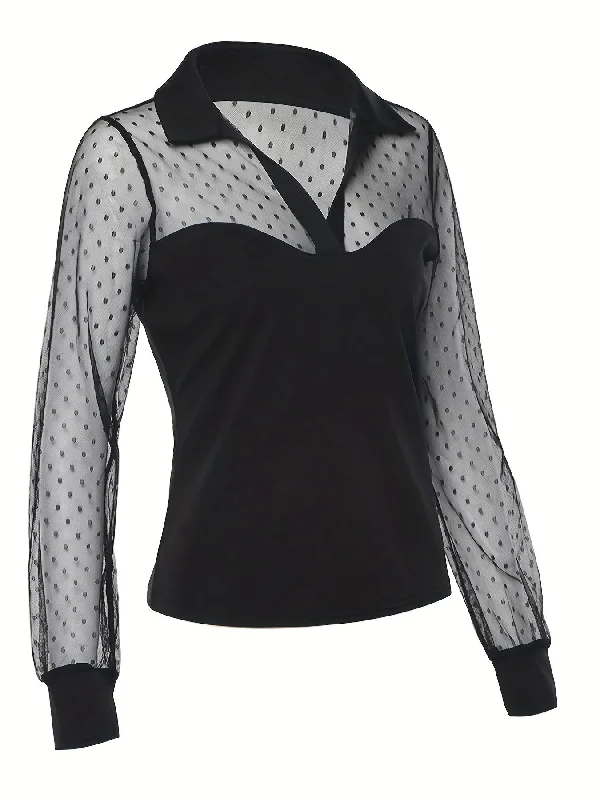Savings Galore Sixsr Solid Sheer Contrast Blouse, Casual Collar Long Sleeve Slim Blouse, Women's Clothing Savings Galore Sixsr Solid Sheer Contrast Blouse, Casual Collar Long Sleeve Slim Blouse, Women's Clothing