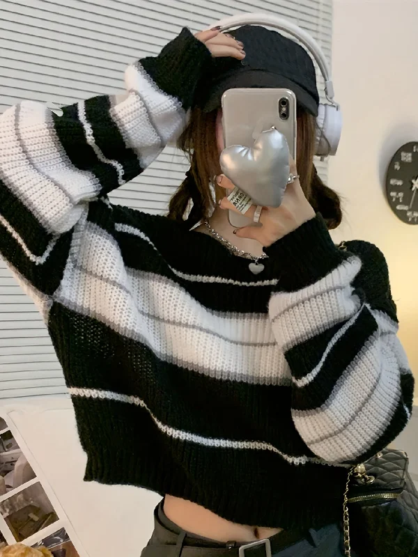 Weekend Discounts to Savor Sixsr Striped Crew Neck Pullover Sweater, Casual Long Sleeve Crop Sweater, Women's Clothing Weekend Discounts to Savor Sixsr Striped Crew Neck Pullover Sweater, Casual Long Sleeve Crop Sweater, Women's Clothing