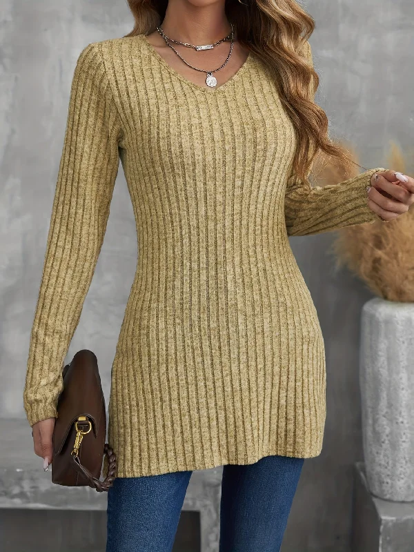 Weekend Price Cuts Galore Sixsr Solid Ribbed V Neck T-shirt, Elegant Long Sleeve Top For Spring & Fall, Women's Clothing Weekend Price Cuts Galore Sixsr Solid Ribbed V Neck T-shirt, Elegant Long Sleeve Top For Spring & Fall, Women's Clothing