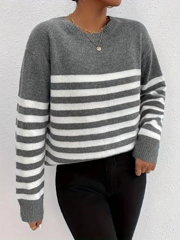 Weekend Savings Sensation Sixsr Striped Crew Neck Pullover Sweater, Casual Long Sleeve Loose Knit Sweater, Women's Clothing