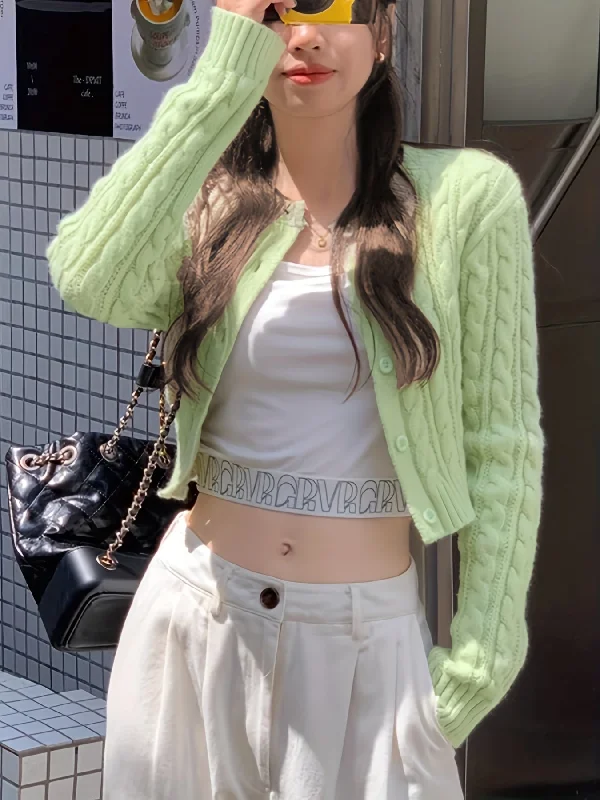 Top Pick Sixsr Y2K Solid Button Up Cable Knit Cardigan, Casual Long Sleeve Crop Sweater, Women's Clothing Top Pick Sixsr Y2K Solid Button Up Cable Knit Cardigan, Casual Long Sleeve Crop Sweater, Women's Clothing