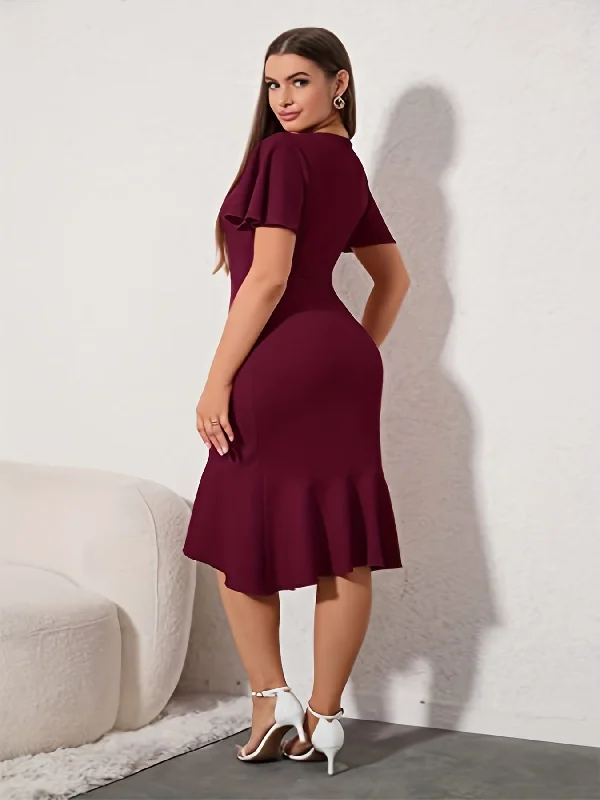 Amazing Value Sixsr Solid Flutter Sleeve Dress, Casual V-neck Ruffle Hem Dress For Spring & Summer, Women's Clothing Amazing Value Sixsr Solid Flutter Sleeve Dress, Casual V-neck Ruffle Hem Dress For Spring & Summer, Women's Clothing