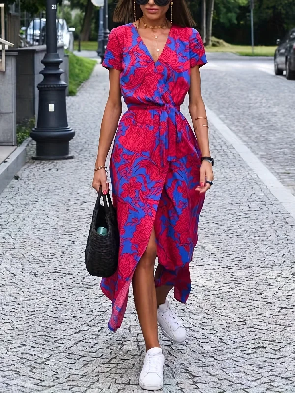 Today Only Sixsr Graphic Print Tie Front Split Dress, Boho V Neck Short Sleeve Dress, Women's Clothing Today Only Sixsr Graphic Print Tie Front Split Dress, Boho V Neck Short Sleeve Dress, Women's Clothing