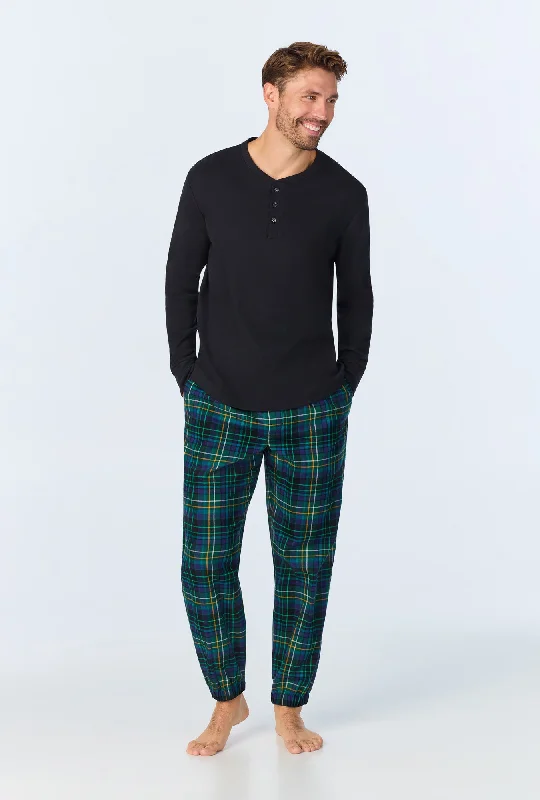 Weekend Bargains to Sizzle Celebration Plaid Men's Long Sleeve Henley and Jogger Woven Portuguese Flannel  PJ Set
