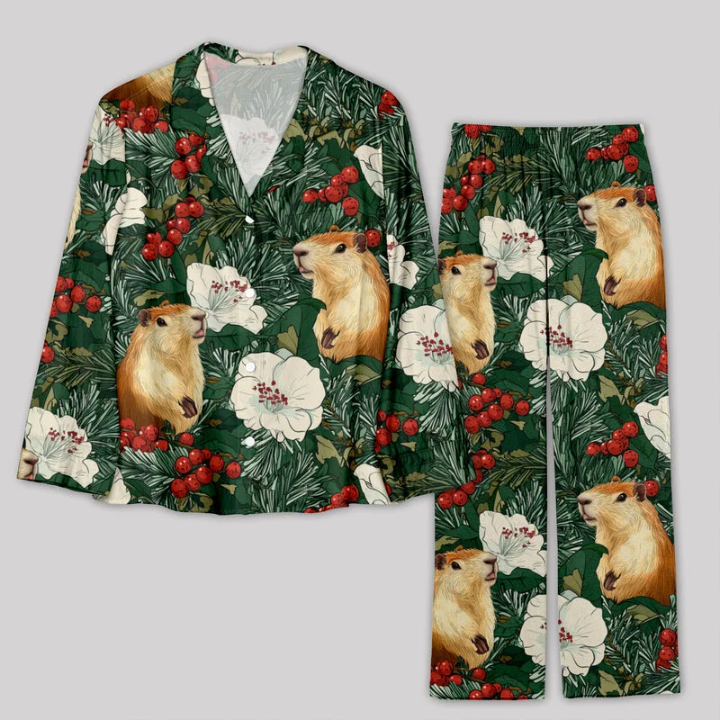 Flash Deal Christmas Pine Branch Holly Plant Squirrel Pajamas Set