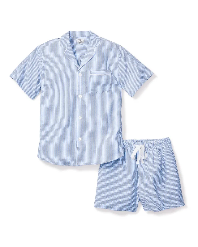 Don't Delay Men's Twill Pajama Short Set in French Blue Seersucker