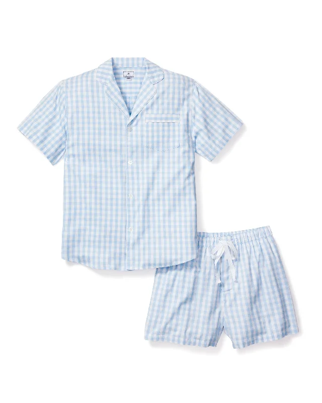 Pay Less Men's Twill Pajama Short Set in Light Blue Gingham