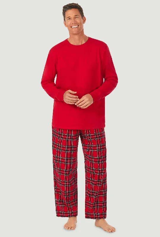 Price Slash Mens Red Tartan Knit & Flannel Pj Set