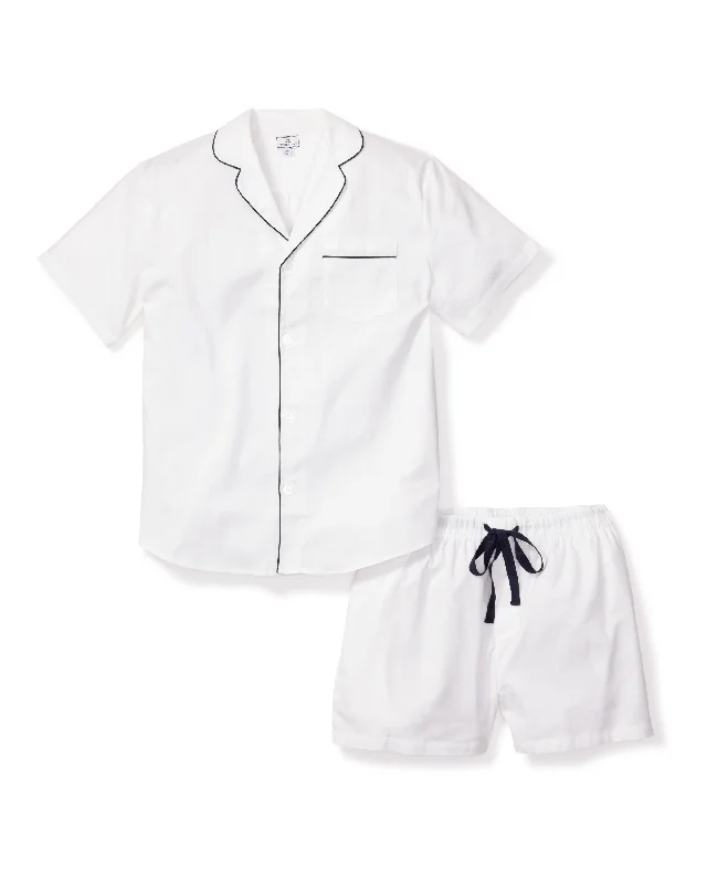 Weekend Savings Bonanza Men's Twill Pajama Short Set in White with Navy Piping
