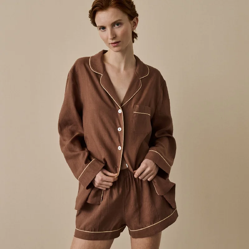 Don't Miss Out Barley Brown Linen Pajama Shorts Set