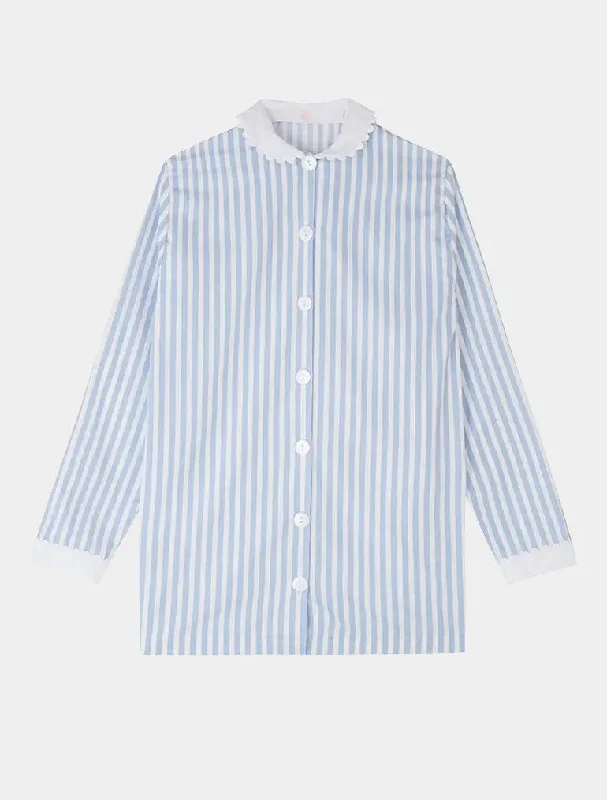 Take Action Blue and White Stripe Nightshirt With White Collar and Cuffs - 100% Cotton Poplin