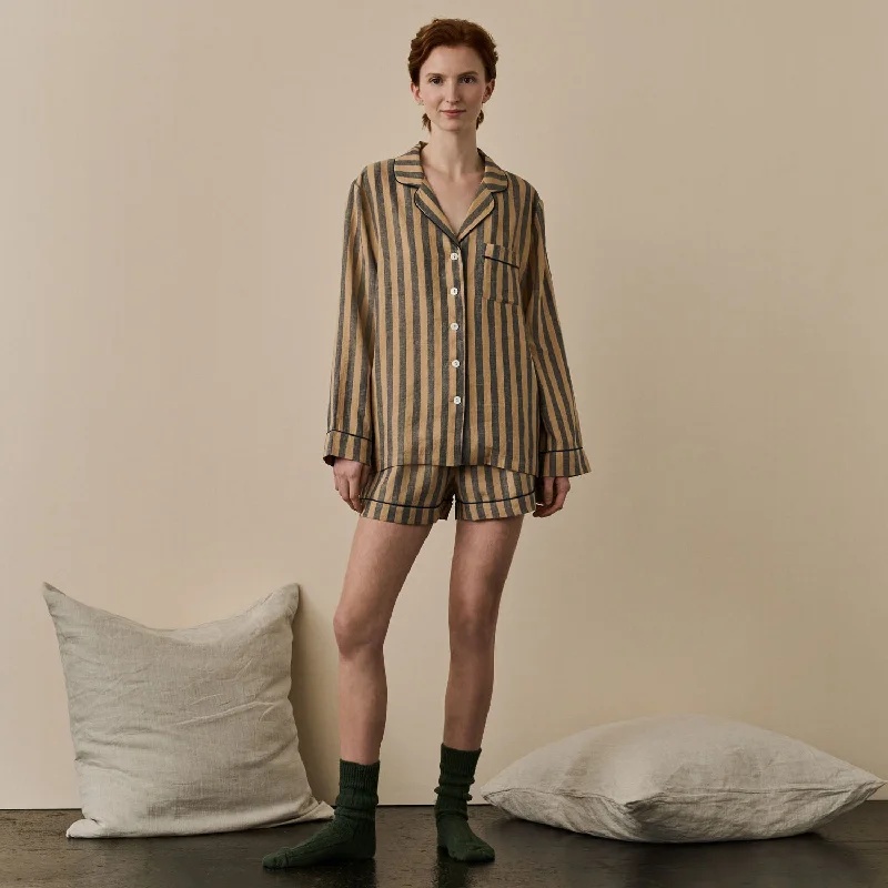 Shop the Weekend Away Blue & Porcini Striped Linen Pajama Shorts Set