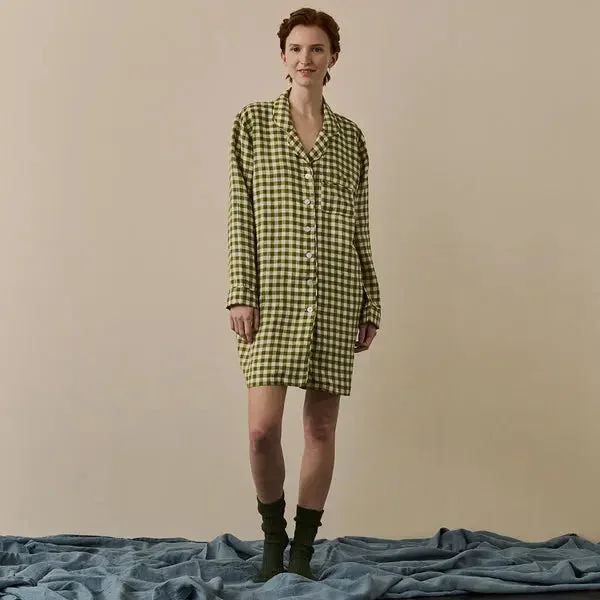 Weekend Bargains Galore Botanical Green Gingham Linen Nightshirt