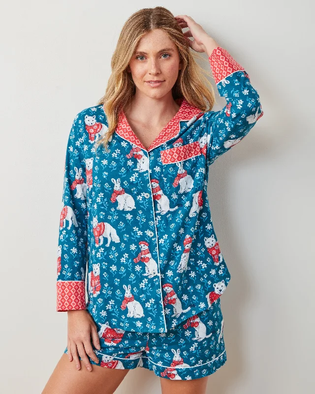 Weekend Offers That Thrill Bundled Up - Flannel Long Sleeve Top & Shorts Set - Navy