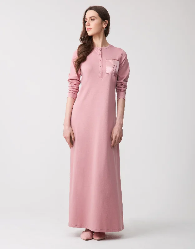Fantastic Savings Button Front Nightgown with Satin Pocket and Logo Motif Pink