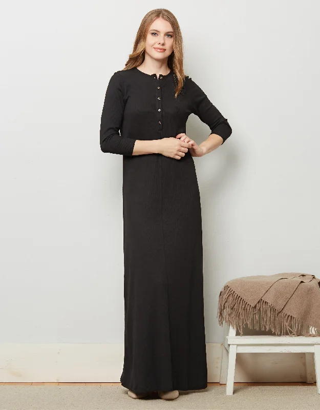 Weekend Savings Fiesta Button Front Ribbed Nightgown Black
