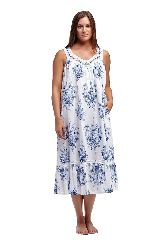 Weekend Bargains to Grab 100% Cotton Lace Trim Flounce Gown- Blue and White Floral Print