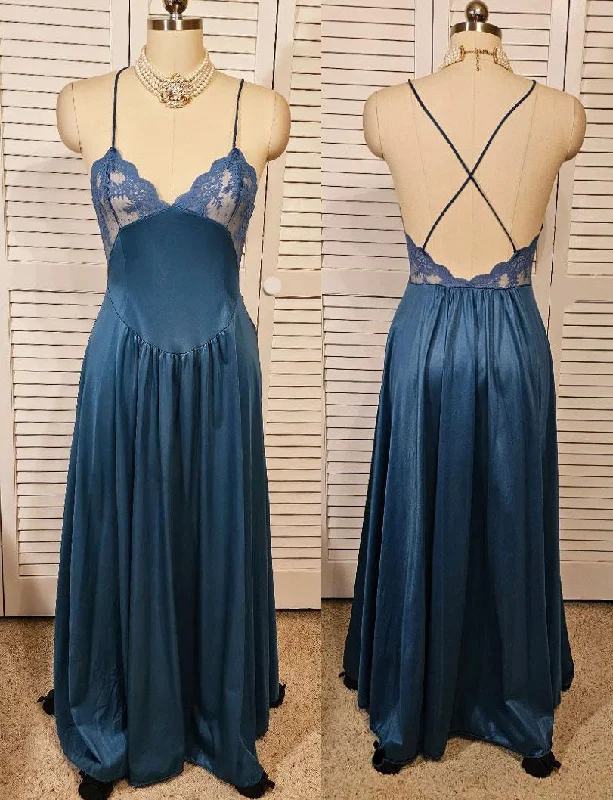 Weekend Deal GLAMOROUS VINTAGE KATZ NIGHTGOWN CRISS CROSS BACK MADE IN THE USA SIZE SMALL IN STORMY SEAS