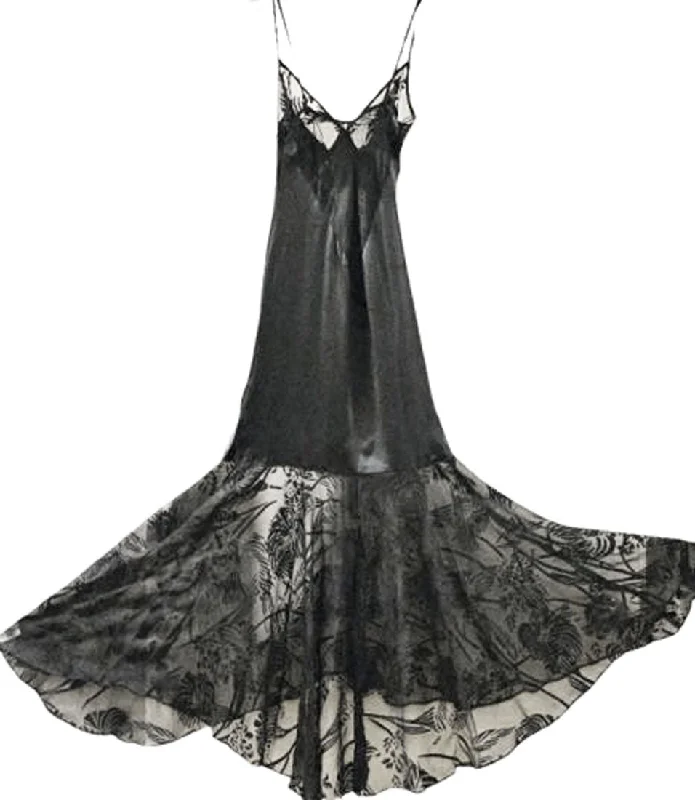Unwind with Weekend Discounts VINTAGE KAMA SUTRA LOTUS WEAR BLACK SHEER FLOCKED BIAS CUT GRAND SWEEP NIGHTGOWN
