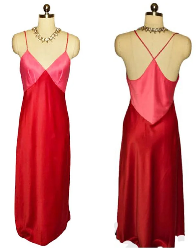 Weekend Sale: Don't Miss Out VINTAGE NATORI SAKS FIFTH AVENUE HOT PINK AND RED SATINY NIGHTGOWN WITH A BEAUTIFUL BACK