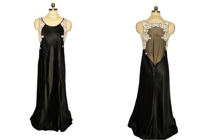Weekend Savings Spectacle *  VINTAGE JUDITH HART BLACK SATIN SHEER ILLUSION BACK NIGHTGOWN