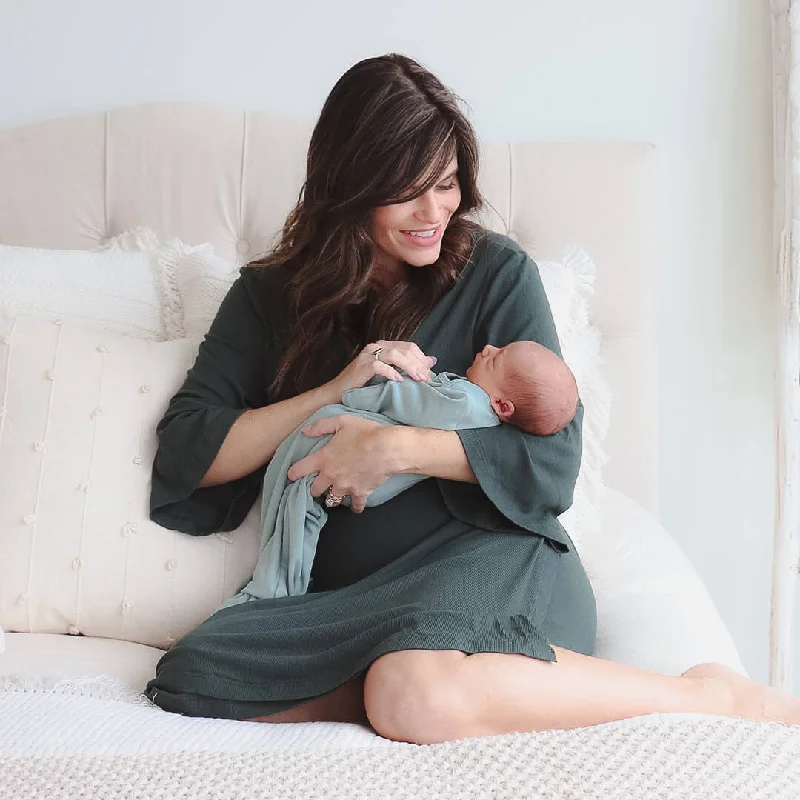Weekend Special Forest Green Ribbed Bamboo Knit Maternity Robe