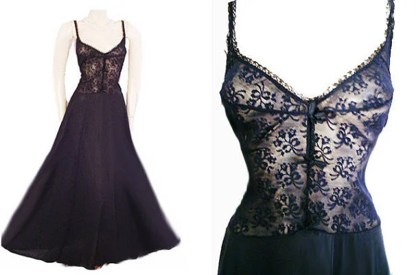 Super Discount *VINTAGE OLGA RARE STYLE ALL LACE SPANDEX LACE BODICE WITH BOWS NIGHTGOWN IN MIDNIGHT SORCERER - SIZE LARGE