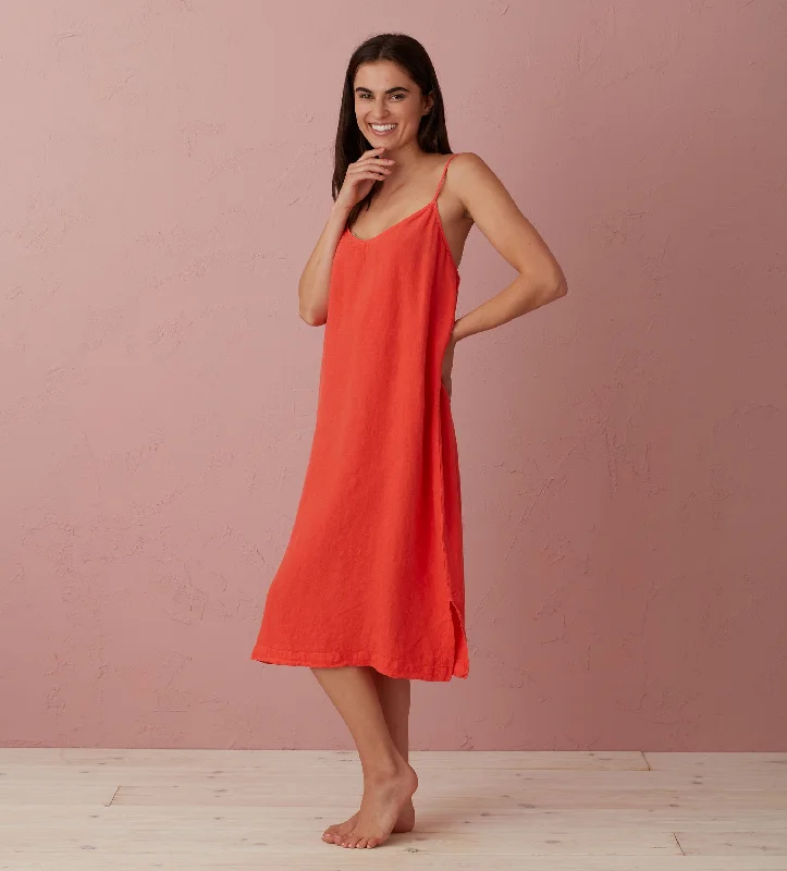 Weekend Steals Await Hot Coral Alice 100% Linen Cami Nightie