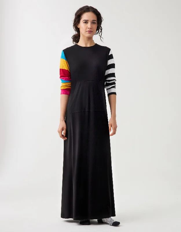 Bargain Alert Kanga Pocket Nightgown with Ribbed Multi Stripe Sleeves Black Brights