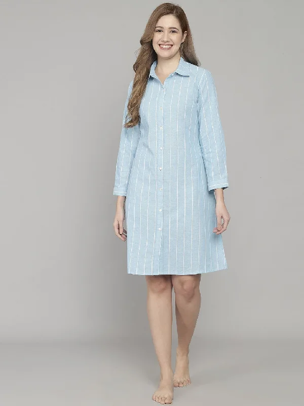 Weekend Offers That Delight Light Blue And White Stripe Knee Length Cotton Sleep Shirt