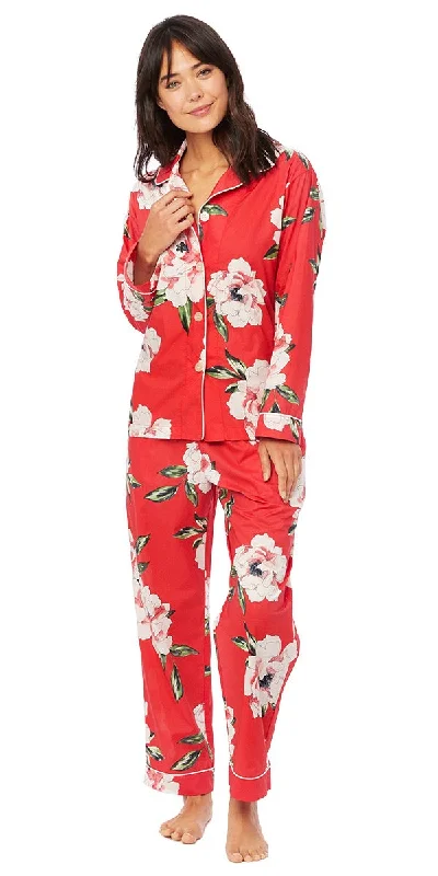 Weekend Offers That Please Long Sleeve Classic Pajama Set - Peony Red Floral Print Weekend Offers That Please Long Sleeve Classic Pajama Set - Peony Red Floral Print