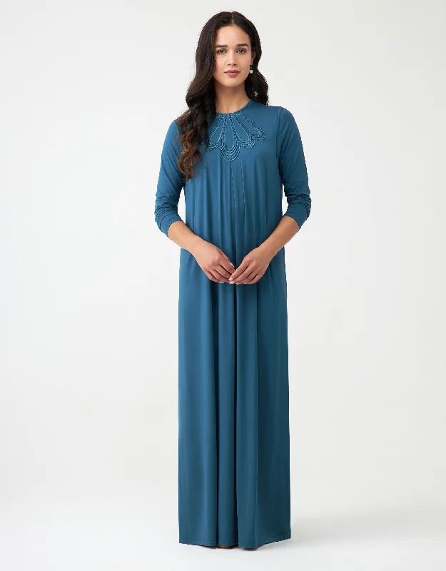 Exclusive Deal Pull On Layered Nursing Nightgown with Lotus Lace Trim Teal Blue