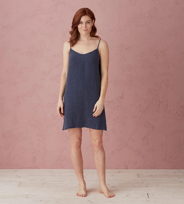 Special Price Navy Blue Delilah 100% Linen Short Cami Nightie