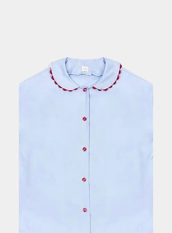 Deal of the Day Pale Blue Nightshirt With Red Ric Rac Trim - 100% Cotton Poplin