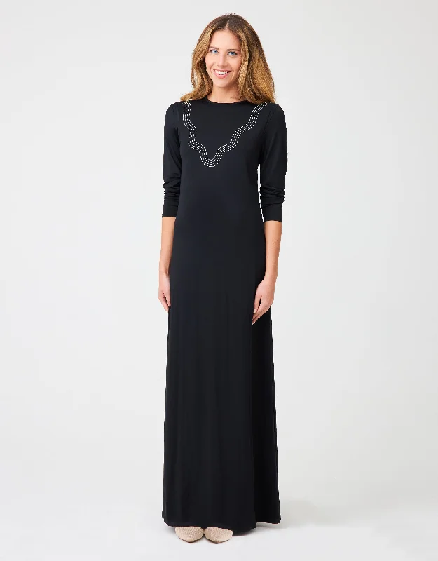 Pay Less Pull On Layered Nursing Nightgown with Contrast Stitched Waves Black