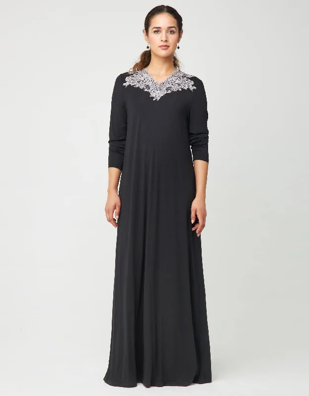 Discount Mania Pull On Nightgown with Contrast Lace Trim Black