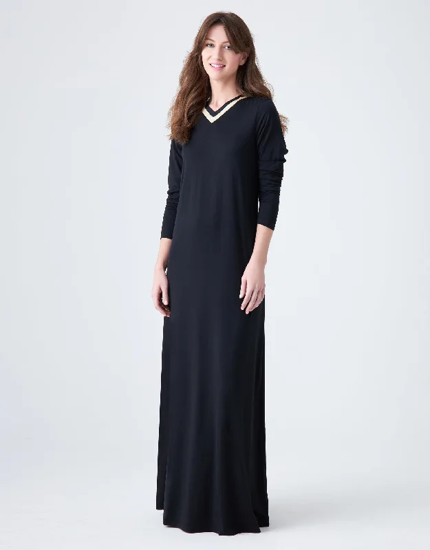 Massive Savings Pull On Nightgown with Satin Trimmed Vneck Black Ivory
